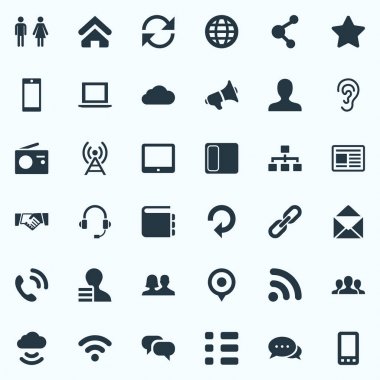 Vektör çizim basit iletim simgeler kümesi. Öğeleri kulaklık, Smartphone, yenileme ve diğer eş anlamlı Wifi, mektup ve dizüstü.