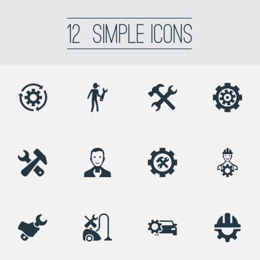Vektör çizim basit simgeler kümesi. Elemanları döndürmek, dişli, işçi ve diğer eş anlamlı tamir, garaj ve Foreman.