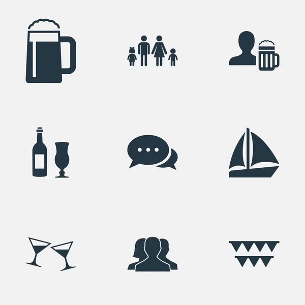 Vector Illustration Set of Simple Party Icons. Elementos Cerveza, Yate, Correspondencia y Otros Sinónimos Celebración, Vela y Pub . — Vector de stock