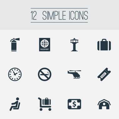 Vektör çizim sade seyahat etmek simge kümesi. Öğeleri garaj, kupon, Bagaj arabası ve diğer eş anlamlı helikopter saat ve çanta.