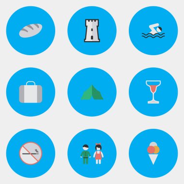 Vektör çizim sade seyahat etmek simge kümesi. Öğeleri yasak, çifti, ekmek ve diğer eş anlamlı yolculuk Yüzme, duman ve çadır.