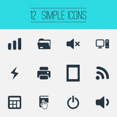 Vektör çizim basit bilgisayar simgeler kümesi. Öğeleri pil, seçim, sessiz ses ve diğer eş anlamlı bilgisayar avuçiçi ve Compute.