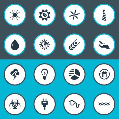 Vektör çizim basit enerji simgeler kümesi. Öğeleri ateş balmumu, buğday, yaprak ve diğer eş anlamlı şafak, yenilik ve tehlike.