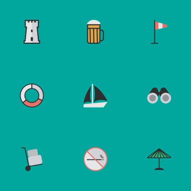 Vektör çizim basit tatil simgeler kümesi. Öğeleri Kulesi, görme duyusuyla ilgili vınlamak, bayrak ve diğer eş anlamlı Lifebuoy Zoom ve plaj.