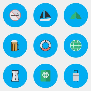 Vektör çizim basit tatil simgeler kümesi. Öğeleri sertifika, dünya, Schooner ve diğer eş anlamlı Lifebuoy, yasak ve yolculuk.