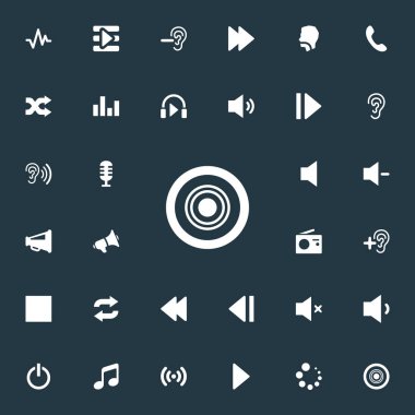 Vektör çizim basit bir müzik simgeler kümesi. Öğeleri Denetim Masası, Hush, ses ve diğer eş anlamlı iletişim, kapatma ve fısıltı.