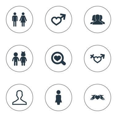 Vektör çizim basit Çift simgeler kümesi. Öğeleri beyefendi, kalp el, çocuk eş anlamlı Bakımı, kız ve çift.