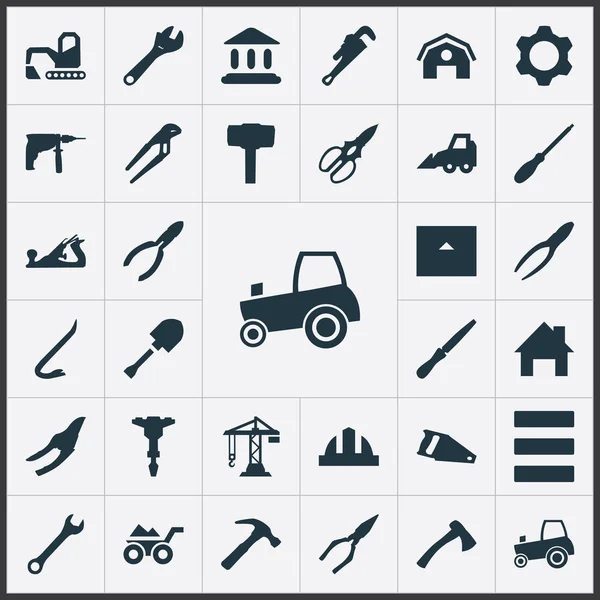 Vector Illustration Set Of Simple Architecture Icons. Elements Wrench, Hammer, Clippers And Other Synonyms Adjustable, Bulldozer And Hacksaw. — Stock Vector