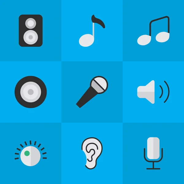 単純なメロディーのアイコンのベクトル イラスト セット。他の類義語スピーカー音量、音楽記号要素レギュレータ レコードとマイク. — ストックベクタ