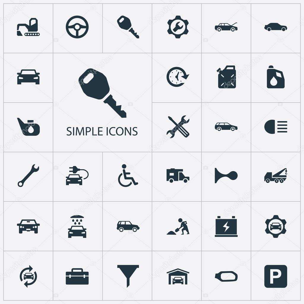 Vector Illustration Set Of Simple Car Icons. Elements Repair, Vehicle Building, Road Sign And Other Synonyms Parking, Side And Hatchback.