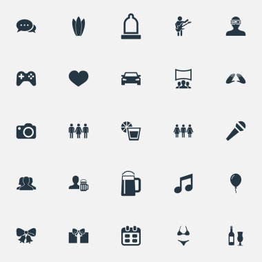 Vektör çizim basit kutlama simgeler kümesi. Öğeleri Mike, kauçuk, şarap ve diğer eş anlamlı arkadaşları film ve kupa.