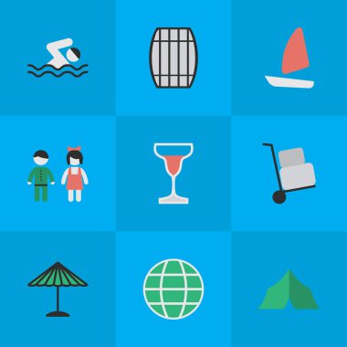 Vektör çizim Set basit simgeler sakin ol. Öğeleri dünya, kargo, şemsiye ve diğer eş anlamlı çifti, kamyon ve havuz.