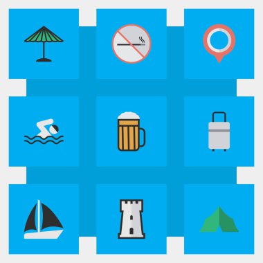 Vektör çizim basit tatil simgeler kümesi. Kamp elemanları, Mark, kule ve diğer eş Yüzme, şemsiye ve savunma.