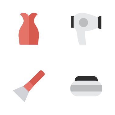 Vektör çizim basit güzellik simgeler kümesi. Öğeleri kurutma makinesi, elbise, fırça ve diğer eş anlamlı kurutma, giysi ve krem.