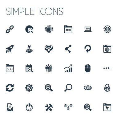 Vektör çizim basit Seo simgeler kümesi. Öğeleri Büyüteç, tarihi blok, detay ve diğer eş anlamlı hedef ilerleme ve en iyi duruma getirme.