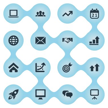 Vektör çizim basit ekip çalışması simgeler kümesi. Öğeleri Earth, çizgi grafiği, Tarih ve diğer eş anlamlı mektup, roket ve hedefi.