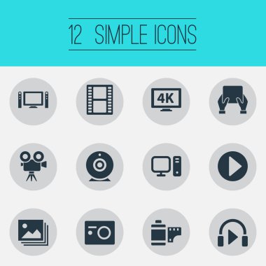 Vektör çizim basit Medya simgeler kümesi. Öğeleri eğlence, Ultra ekran, görüntü ve diğer eş anlamlı Tv televizyon ve hoparlör.