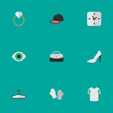 Vektör çizim basit ekipman simgeler kümesi. Öğeleri şapka, saat, çanta eş anlamlı giyim, spor nişan ve el çantası.