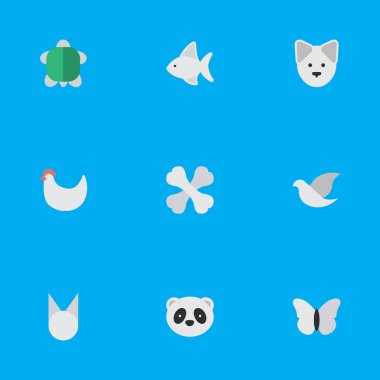 Vektör çizim basit vahşi simgeler kümesi. Öğeleri kaplumbağa, balık, güvercin ve diğer eş anlamlı Panda, horoz ve Tomcat.