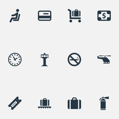 Vektör çizim basit ulaşım simgeler kümesi. Öğeleri para birimi, koltuk, Bagaj atlıkarınca ve diğer eş sinek, dolar ve kart.