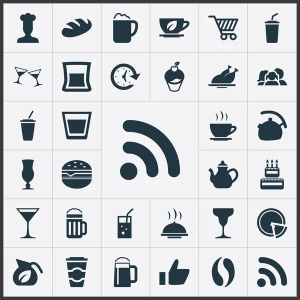 Vector Illustration Set of Simple Café Icons. Elementos Pepperoni, Vaso, Cerveza y Otros Sinónimos Mano, Gafas De Vino Y Servir . — Archivo Imágenes Vectoriales