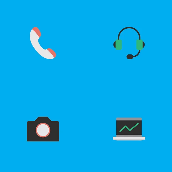 Vector illustratie Set van eenvoudige Gadget iconen. Elementen foto apparatuur, microfoon, laptop en andere synoniemen hoofdtelefoon, foto en telefoon. — Stockvector