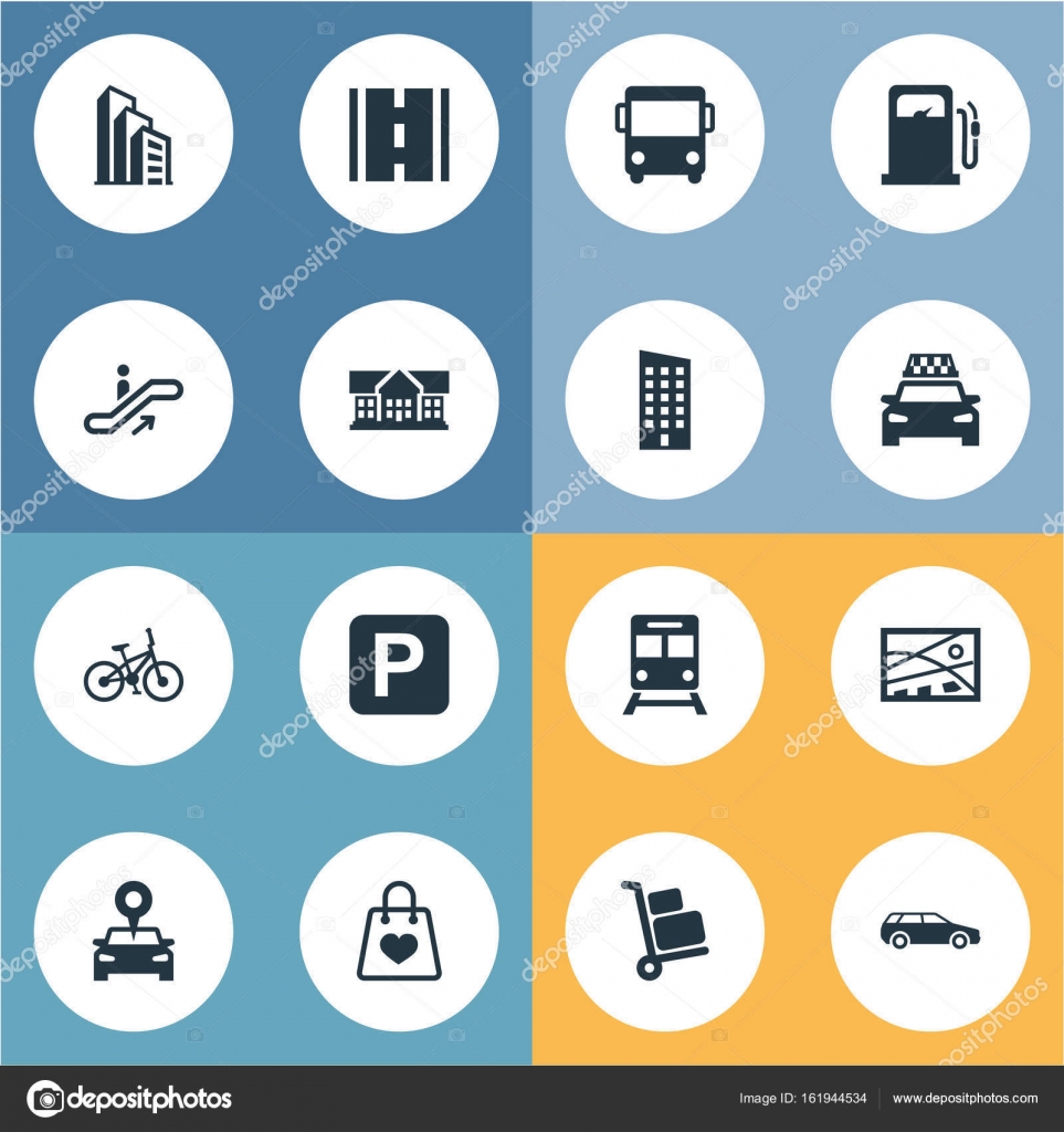 Vector Illustration Set Of Simple Urban Icons Elements Autobus Cab