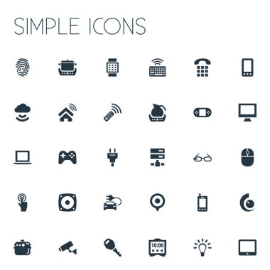 Vektör çizim basit Internet simge kümesi. Öğeleri ampul, çevre Ulaştırma, elektrikli soba ve diğer eş anlamlı konumu, telefon ve video oyunu.