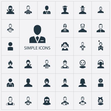 Vektör çizim basit insan simgeler kümesi. Öğeleri işçi, gizemli adam, düşük enerji kullanımı ve diğer eş anlamlı gizemli, fotoğrafçı ve öğrenci.