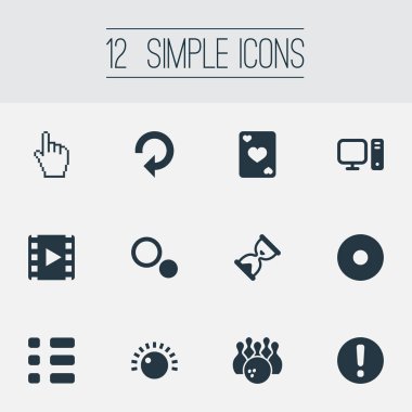 Vektör çizim basit eğlence simgeler kümesi. Uyarı öğeleri, Desktop, Dvd ve diğer eş uyarı, Kegling ve Video.