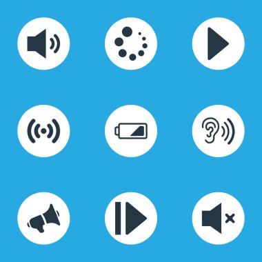 Vektör çizim basit ses simgeler kümesi. Öğeleri sessiz, işitme, ücret ve diğer eş işitme, radyo ve ses.