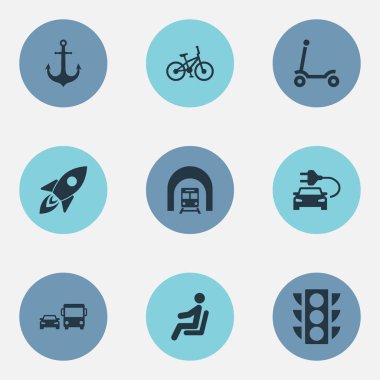 Vektör çizim basit sevk irsaliyesi simgeler kümesi. Öğeleri taşıma, tünel, elektrikli araç ve diğer eş anlamlı yeşil araç ve ışık.