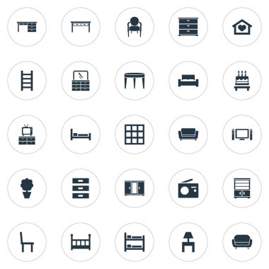 Vektör çizim basit mobilya simgeler kümesi. Öğeleri beşik, bitki, dolap ve diğer eş anlamlı üç, yer ve mutfak.
