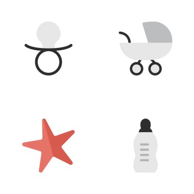 Vektör çizim basit çocuk simgeler kümesi. Öğeleri oyuncak, meme, bebek arabası ve diğer eş anlamlı denizyıldızı emzik ve bebek.