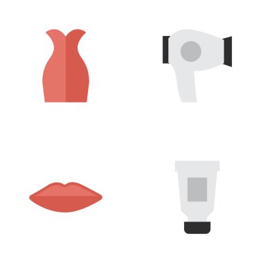 Vektör çizim basit güzellik simgeler kümesi. Öğeleri elbise, kurutma makinesi, diş macunu ve diğer eş anlamlı diş macunu, dudakları ve öp.