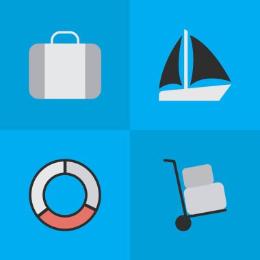 Vektör çizim sade seyahat etmek simge kümesi. Öğeleri çanta, Schooner, kargo ve diğer eş anlamlı Denizi, yeleğini ve Lifebuoy.