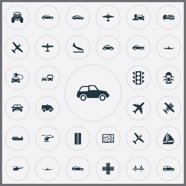 Vektör çizim basit taşıma simgeler kümesi. Öğeleri Aero, Jeep, Downgrade ve diğer eş anlamlı süspansiyon canavar ve kamyon.