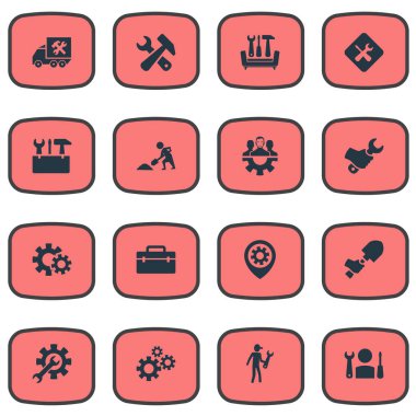 Vektör çizim basit tamir simgeler kümesi. PIN, işçi ve diğer eş anlamlı işçi, sabitleme elemanları üreticisi ve çekiç.
