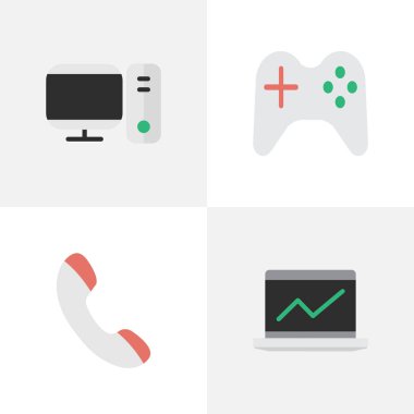 Vektör çizim basit Gadget simgeler kümesi. Öğeleri Gamepad, dizüstü bilgisayar, telefon ve diğer eş anlamlı bilgisayar, Pc ve istatistik.