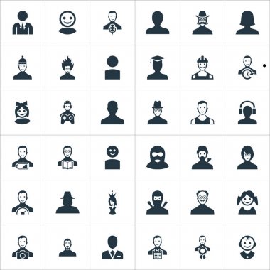 Vektör çizim basit üye simgeler kümesi. Öğeleri Paparazzi, vaiz, portre ve diğer eş Kraliçe, sevimli ve yorgunluk.