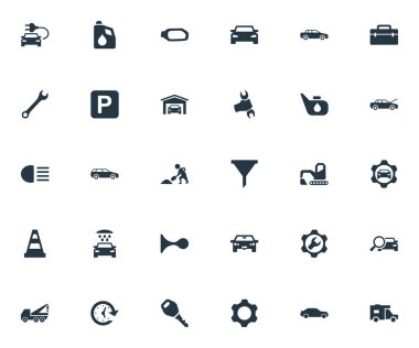 Vektör çizim basit araba simgeler kümesi. Öğeleri izle, yakıt, araç kutusu ve petrol ve ışınla diğer eş anlamlı kilit.