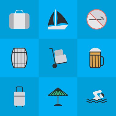 Vektör çizim basit tatil simgeler kümesi. Yasak, Bagaj, fıçı ve diğer eş anlamlı deniz, kargo ve çanta öğeleri duman.