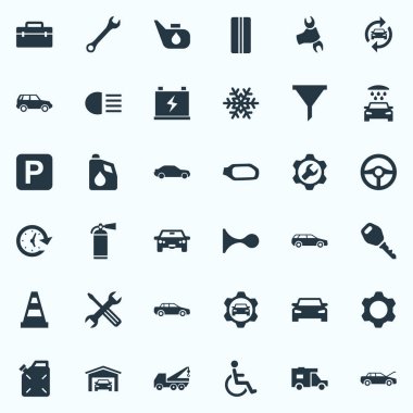 Vektör çizim basit otomatik simgeler kümesi. Öğeleri yağ, tekerlek, araba yıkama ve diğer eş anlamlı yıkama, ayna ve atölye.