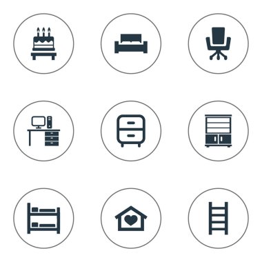 Vektör çizim basit mobilyalar simgeler kümesi. Öğeleri tatlı, yatak, konut ve diğer eş anlamlı yatak, kek ve Stand.