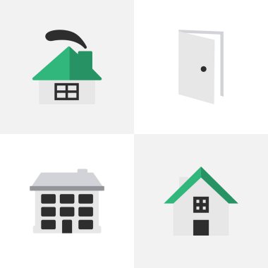 Vektör çizim basit gerçek simgeler kümesi. Öğeleri yapı, konut, ev ve diğer eş anlamlı House, giriş ve kapı.