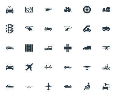 Vektör çizim basit ulaşım simgeler kümesi. Öğeleri otomatik, uçak, karayolu ve diğer eş anlamlı uçuş otomatik ve yolcu uçağı.
