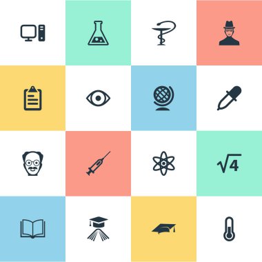 Vektör çizim basit çalışma simgeler kümesi. Öğeleri bilgi, dünya, tıp Damlalık ve diğer eş mezuniyet, elektronik ve kitap.