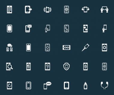 Vektör çizim basit simgeler kümesi. Öğeleri Smartphone, yüzüğü, dünya çapında Net ve diğer eş anlamlı Sms, güvenlik ve arama.