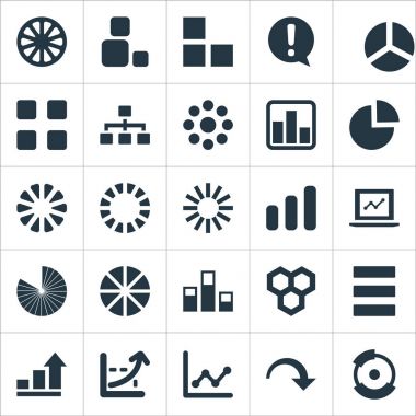 Vektör çizim basit simgeler kümesi. Öğeleri dalgalanma, ders, daire diyagram ve diğer eş azaltmak, menü ve ünlem işareti.