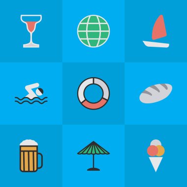 Vektör çizim Set basit simgeler sakin ol. Öğeleri sorbe, havuz, tekne ve diğer eş anlamlı Beach, havuzu ve Küre.